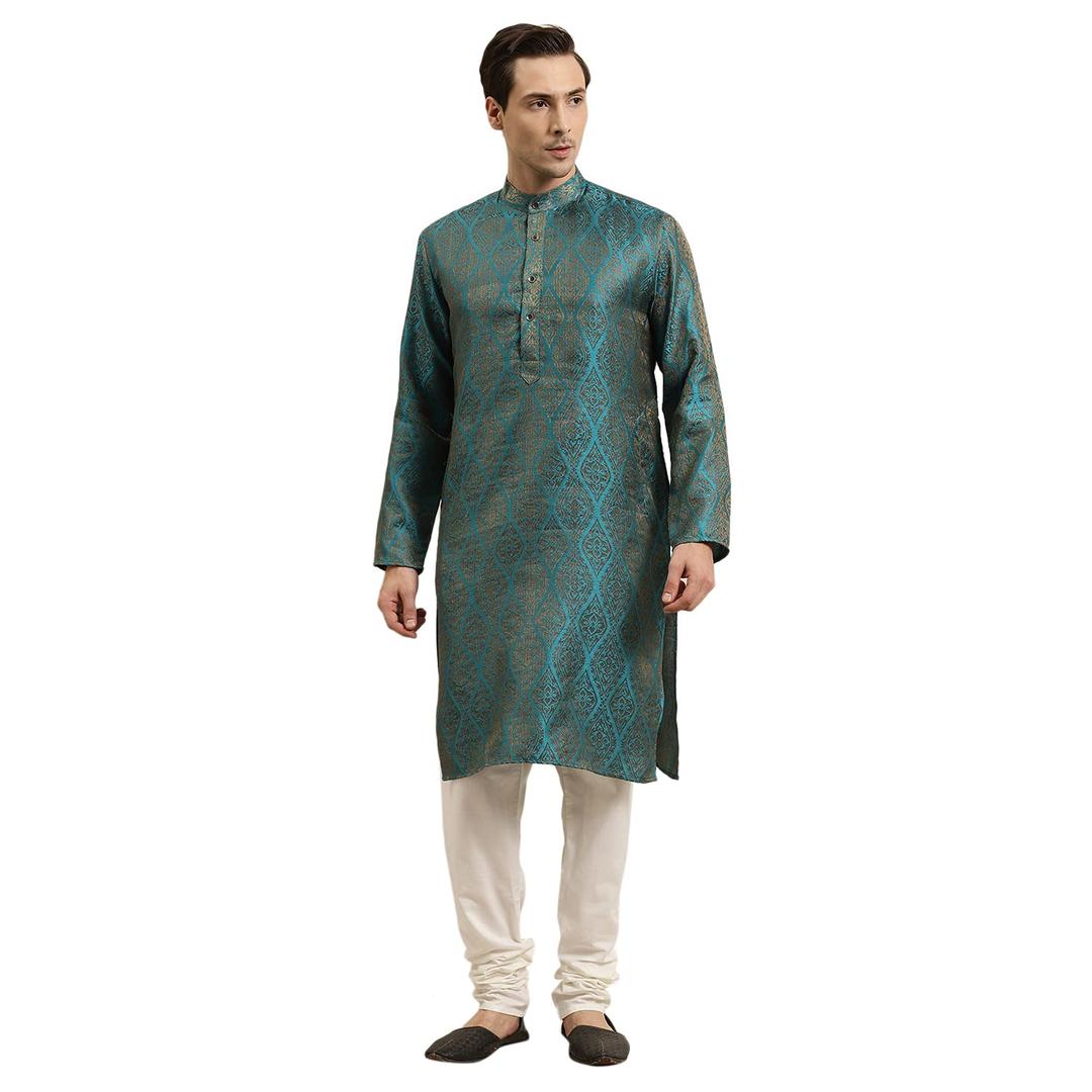 Sojanya (Since 1958 Men'S Jacquard Silk Kurta & Off-White Churidar Pyjama Set L