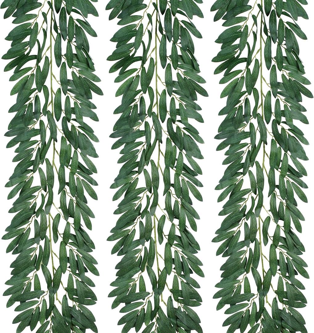 3 Strands Odorless Artificial Olive Leaf Vines, 73'' Silk Ivy Vine Garland with Green Leaves, Fake Hanging Plants Greenery Decor for Home, Bedroom, Wall, Party, Wedding Decoration.