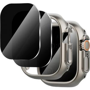 Suoman 2+2-Pack for Apple Watch Ultra 3/2/1 49mm Case + Privacy Tempered Glass Screen Protector, [Anti-Peeping] [with Auto Alignment Tool Kit]+ PC Protective Cover for iWatch Ultra 49mm -Titanium+Privacy