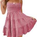 HVEPUO Women Spaghetti Strap Sleeveless Smock Cami Mini Dress Summer Vacation Flowy Boho A Line Swing Short Dresses for Women (Pink)