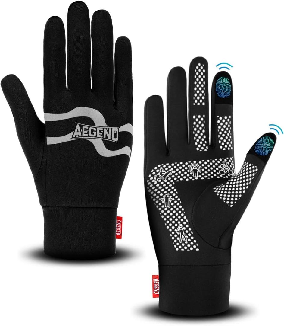Aegend Lightweight Winter Gloves for Men Women, Warm Running Gloves Touchscreen Thermal Glove Liners for Cold Weather Driving, Cycling & Hiking, Non-Slip, Elastic Cuff, Stretchy, Durable (Medium, Black - Gray Pattern)