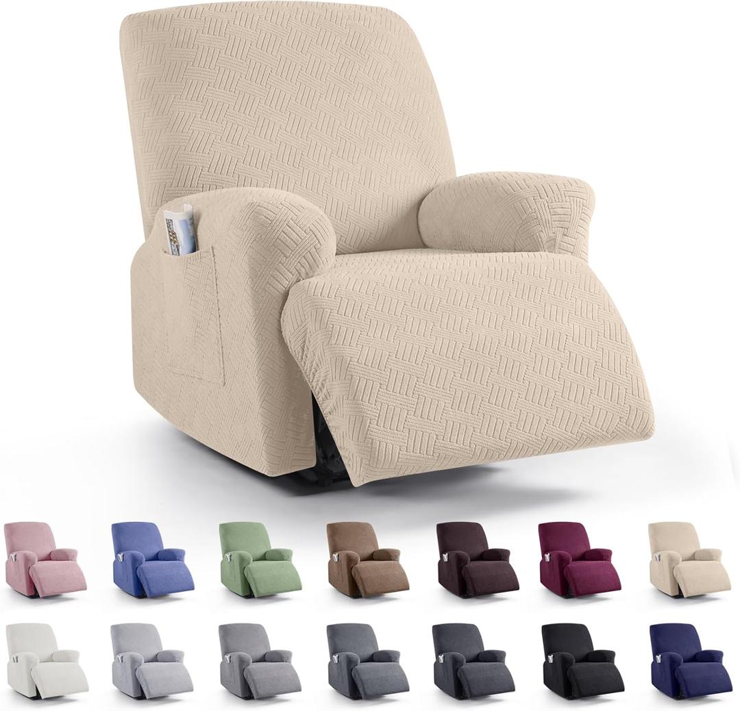 KinCam Recliner Covers, Stretch Reclining Chair Covers, Recliner Sofa Slipcovers Stripe Jacquard Recliner Couch Covers Furniture Protector Covers for Pet Kid (1 Seater, Vanilla)
