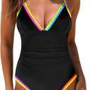 popvil One Piece Swimsuit Women 2025 Neon Color Block Contrast Cross Strap Bathing Suit Modest Cute Swim Suits (Large, Black-1)