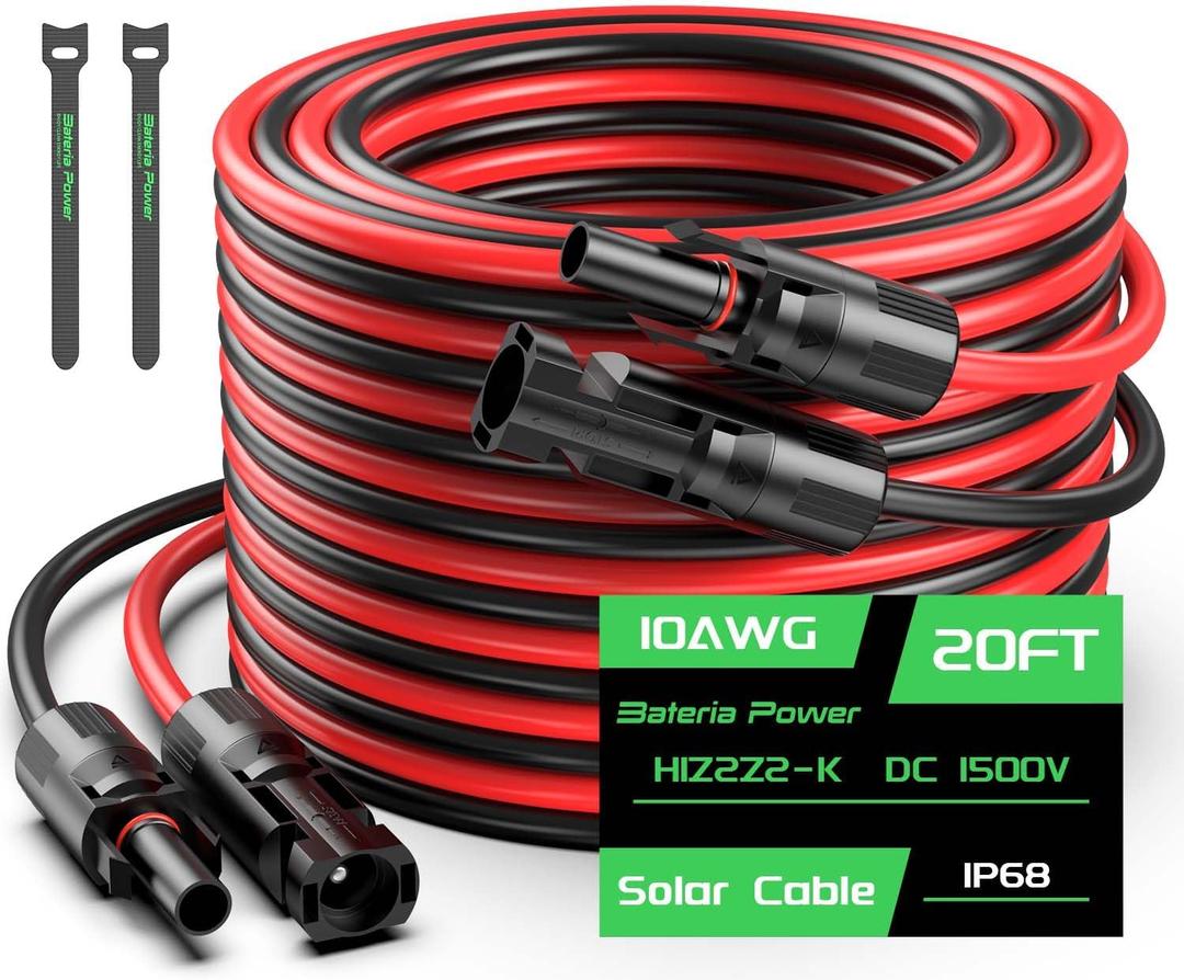 20FT 10AWG Solar Panel Extension Cable, Bateria Power 6mm Solar Extension Cable Wire with Female & Male Waterproof Connectors for RV, Photovoltaic Systems, Set of 2