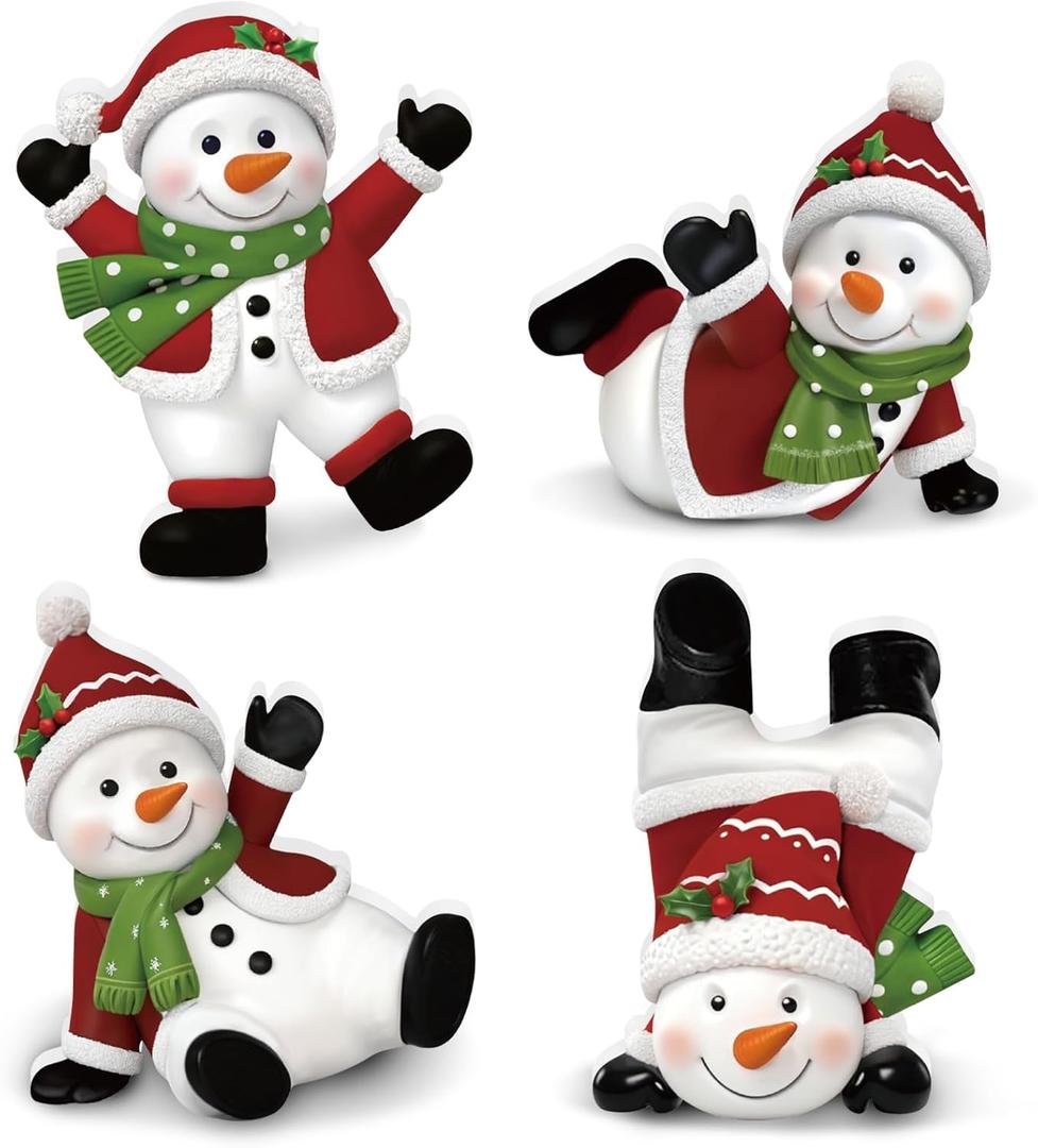 4 Pcs Christmas Snowman Figurines Table Top Set Sitting Laying Standing Tabletop Decoration Wooden Snowman Statue Decor for Winter Holiday Mantle Desk Shelf Party Decoration