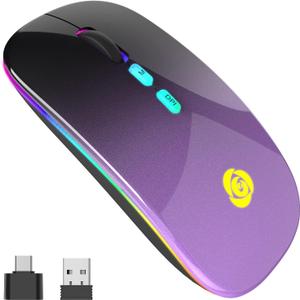 LED Wireless Mouse, Bluetooth Mouse &2.4GHz Instant Connection,Rechargeable Ultra Silent Slim,3 DPI 2 Connection Modes with USB-C to USB Adapter for Laptop/MacBook/PC/Tablet/iPad (Black-purple)