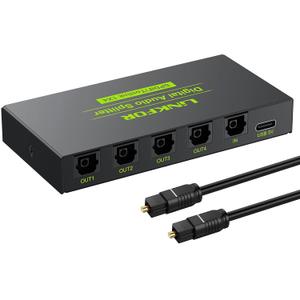 LiNKFOR Digital Optical Audio 1x4 Splitter Digital SPDIF Toslink Optical Fiber Audio Splitter 1 in 4 Out Aluminum Alloy with Optical Cable for PS3 Blue-Ray DVD HDTV