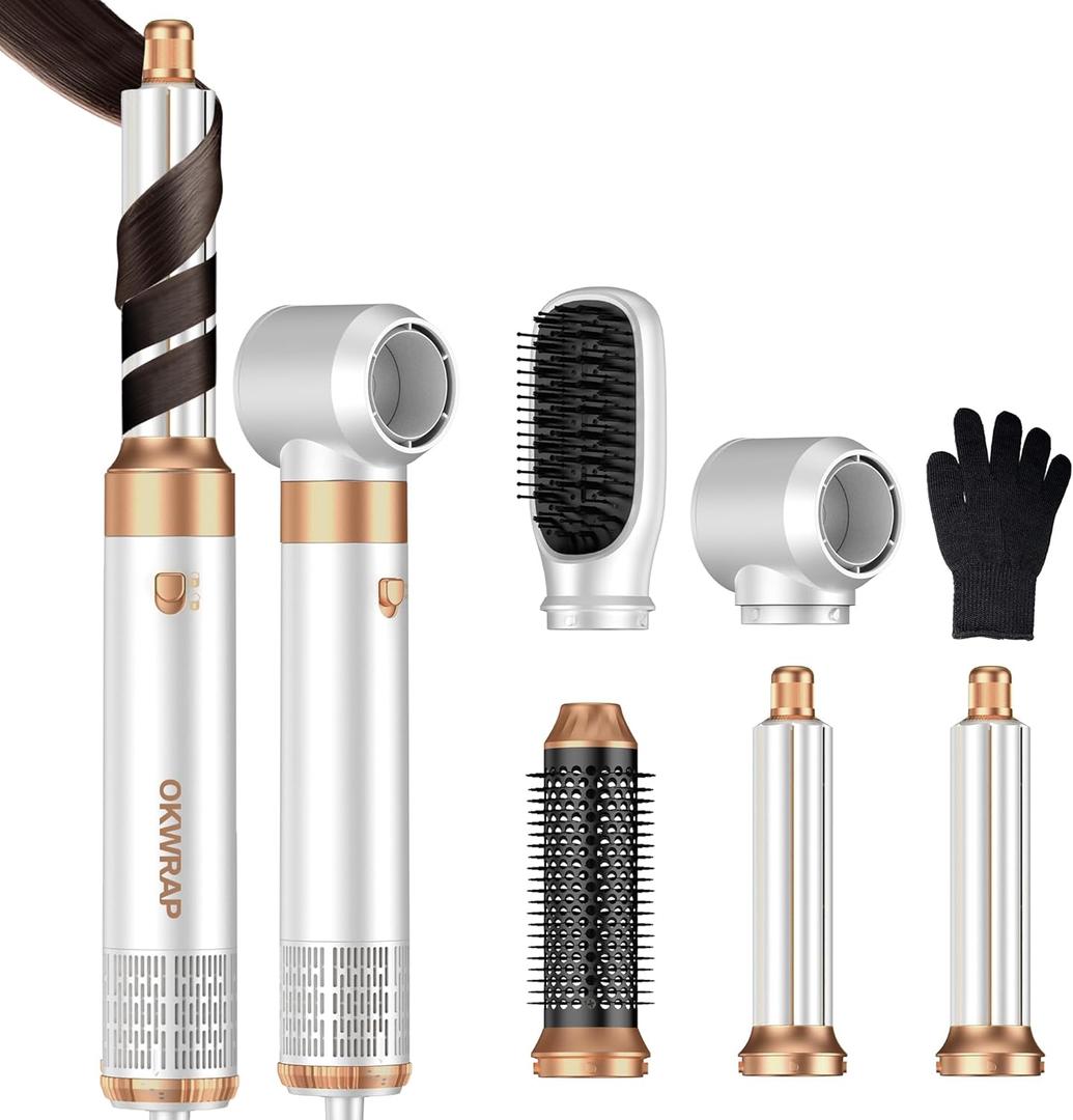 Blow Dryer Brush 5 in 1 Set, Negative Ion Air Curling Wrap Air Curler, Hot Air Styler Round Brush Blow Dryer Curling Iron Hair Styling Tools Gift for Dry, Volumize, Straight, Curl, 100-120V (White)