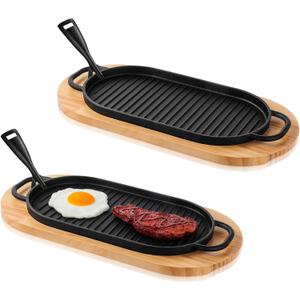 2 Pcs Cast Iron Fajita Skillet Pan Set Sizzling Steak Plate with Wooden Base and Removable Handle Cast Iron Grill Frying Pan for Home Restaurant Kitchen Cooking (12 x 6.3 Inch)