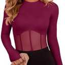 REORIA Women's Trendy Sexy Crew Neck Thumbholes Long Sleeve Sheer Mesh Going Out Bodysuit Tops S