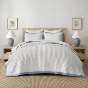 EVERGRACE Cotton Border Frame Tack-Stitch Quilt Bedding Set Queen Size, Coastal Oversized 3 Pieces Lightweight Bedspread Coverlet for All Season, with 2 Matching Shams, Blue Linen | Pick-Stitch Channel, Border Frame, Pre Washed, Oeko-Tex Certified, 100% Cotton, Lightweight