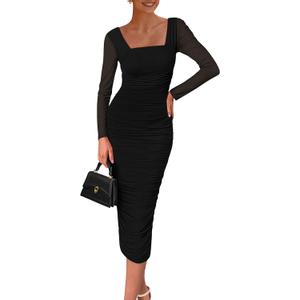 PRETTYGARDEN Fall Wedding Guest Dresses for Women 2025 Ruched Bodycon Midi Long Sleeve Formal Cocktail Dress (Large, Black)