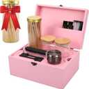 Large Bamboo Storage Box with Removable Tray Kit - Decorative Box Set, Glass Jars, and Accessories Wooden Storage Kit and Accessories Tool.Birthday Gifts. (Pink)