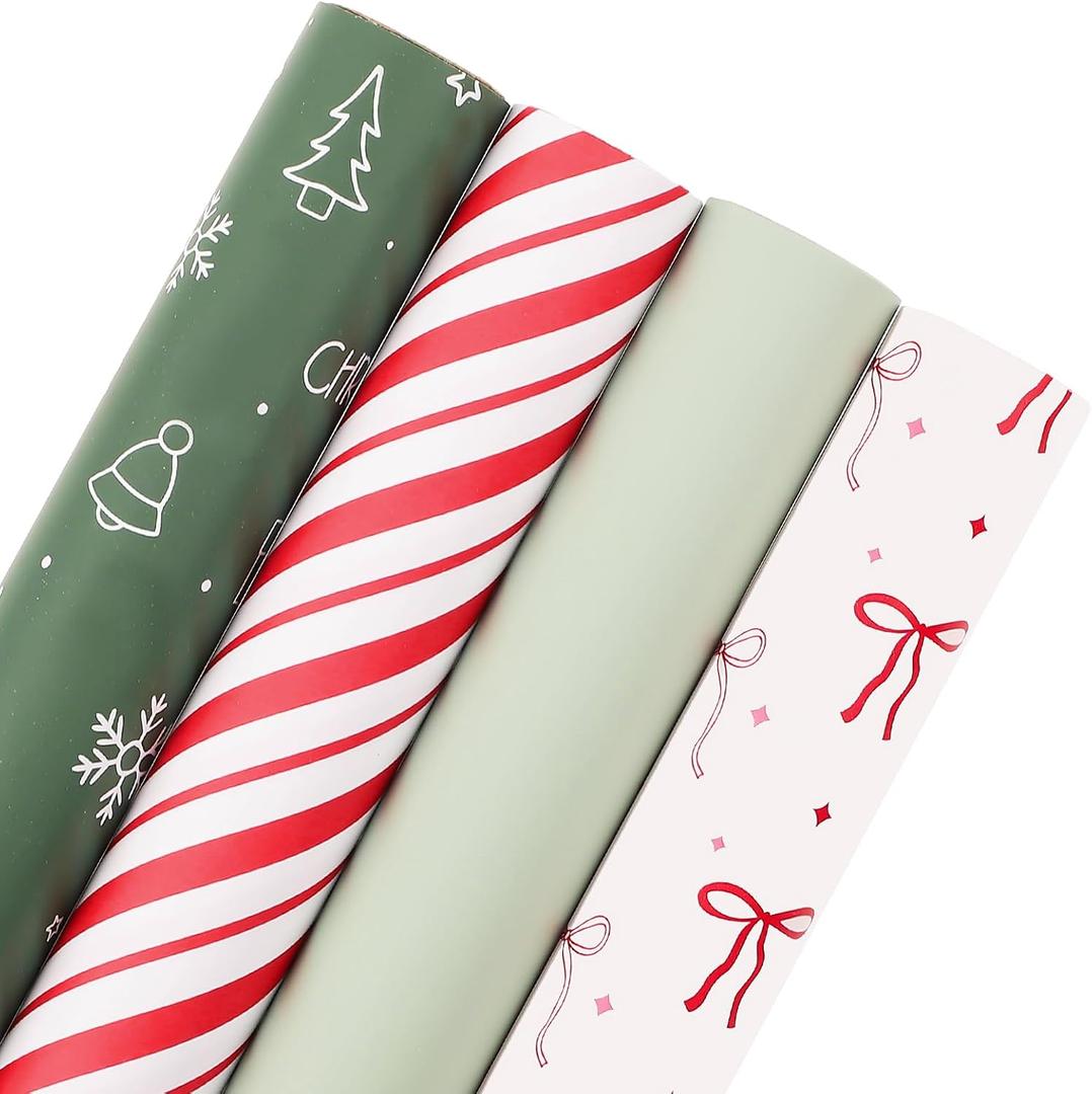 woric Christmas Wrapping Paper Jumbo Rolls Cute Sage Green White Bows Snowman and Red Stripes Design Gift Wrapping Paper for Holiday - 4 Rolls - 30 Inch x 120 Inch(10ft) Per Roll