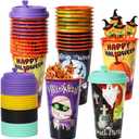 24 Pack Halloween Party Favors Goodie Cups - Bats, Ghost, Cats, Pumpkin, Witch, Spider Patterns - 16OZ Reusable Plastic Cups With Lids and Plugs for Party Decorations