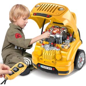 SpringFlower Toys Gifts for 3 4 5 6 7 8 Years Old Boys, Large Truck Engine, Mechanic Repair Set for Kids, Big Truck Builder Kit, Take Apart Motor Vehicle Play Car Service Station, for Kids (Yellow)