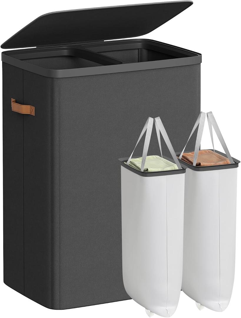 SONGMICS Laundry Basket, 44.9 Gal. Laundry Hamper, 2 Compartments, Easy Assembly, with Lid and Handles, Removable Liners, 22 x 15.7 x 29.5 Inches, Ink Black ULCB813B01, 170 L