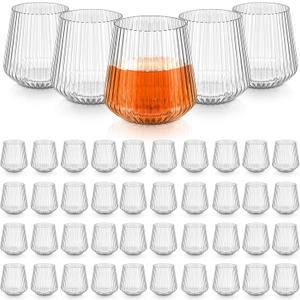 Denylo pro 50 Pcs 14 OZ Plastic Ribbed Wine Glasses Disposable Clear Wine Glasses Recyclable Shatterproof Reusable Plastic Cups for Party Home Bars Wedding Tasting Favors (White-2)