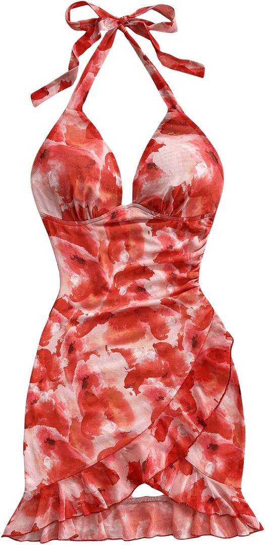 Women's Y2k Floral Print Halter Dress Tie Backless Asymmetrical Ruffle Summer Mini Dresses (Red, S)