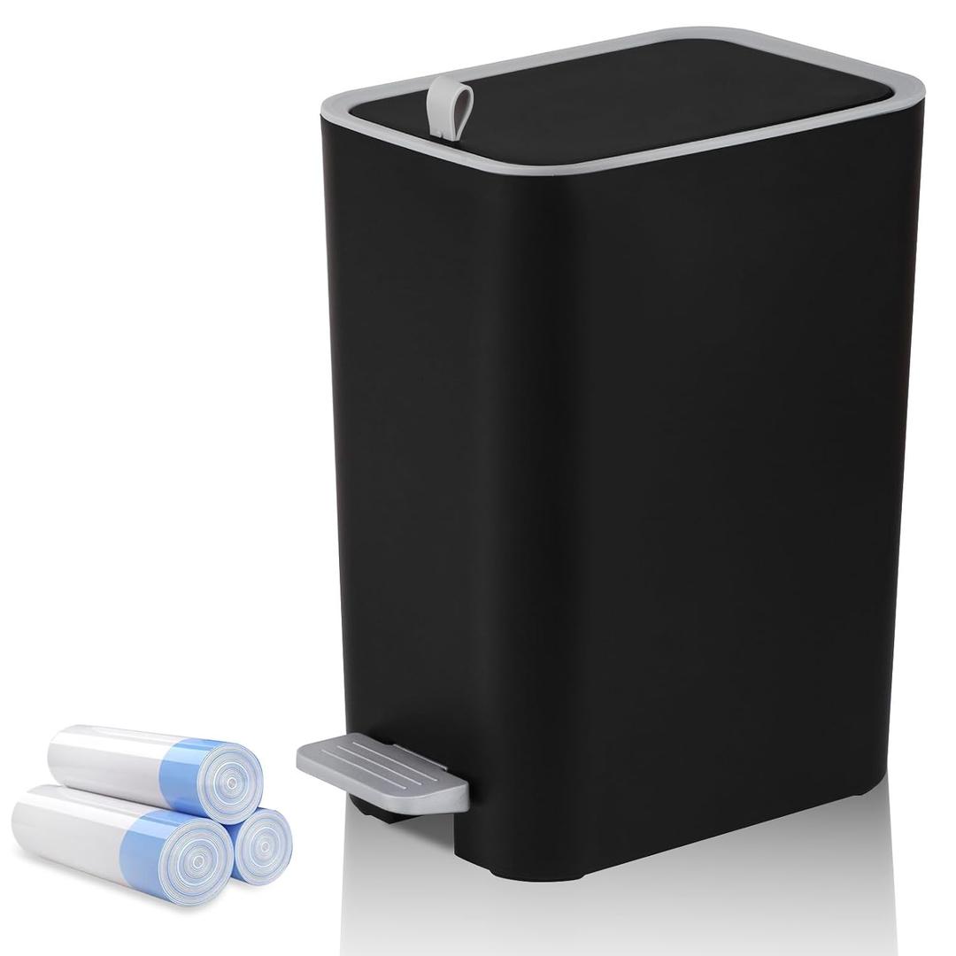 rejomiik Small Bathroom Trash Can with Lid, 2.1 Gallon Step Garbage Can with Handle, Slim Mini Wastebasket Bin for Bedroom, Office, Dorm, Black