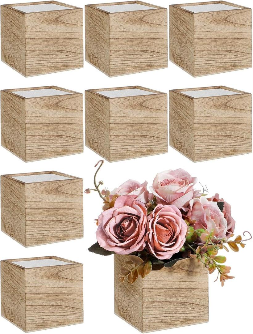 Suzile 12 Set 4 Inch Wooden Planter Box Flower Square Vases for Centerpiece Rustic Cube Planter Box with Removable Foam Blocks Liner Square Vase Craft for Garden Home(Wood Color)