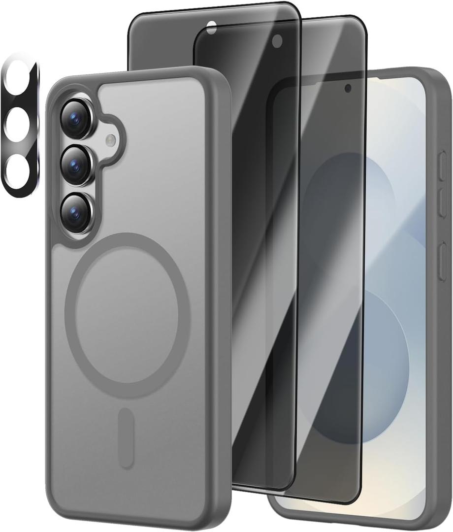 [4 in 1] Magnetic for Samsung Galaxy S25 Case, 2 Pics Privacy Screen Protectors and 1 Pic Camera Protector, Fit for MagSafe, Military Grade Shockproof Translucent Matte Galaxy S25 Cover 6.2, Gray