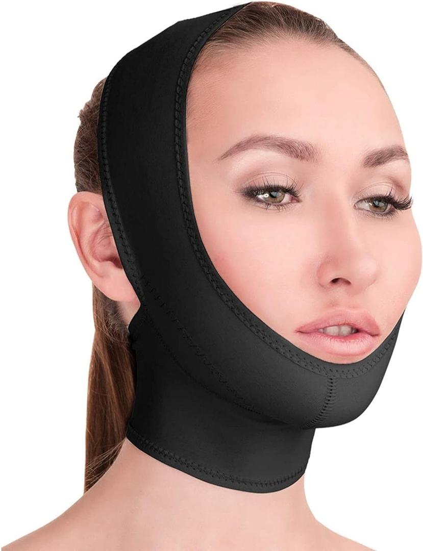 Post Surgical Chin Strap Bandage for Women - Neck and Chin Compression Garment Wrap - Face Slimmer, Jowl Tightening (S) (Small (Pack of 1), Black)