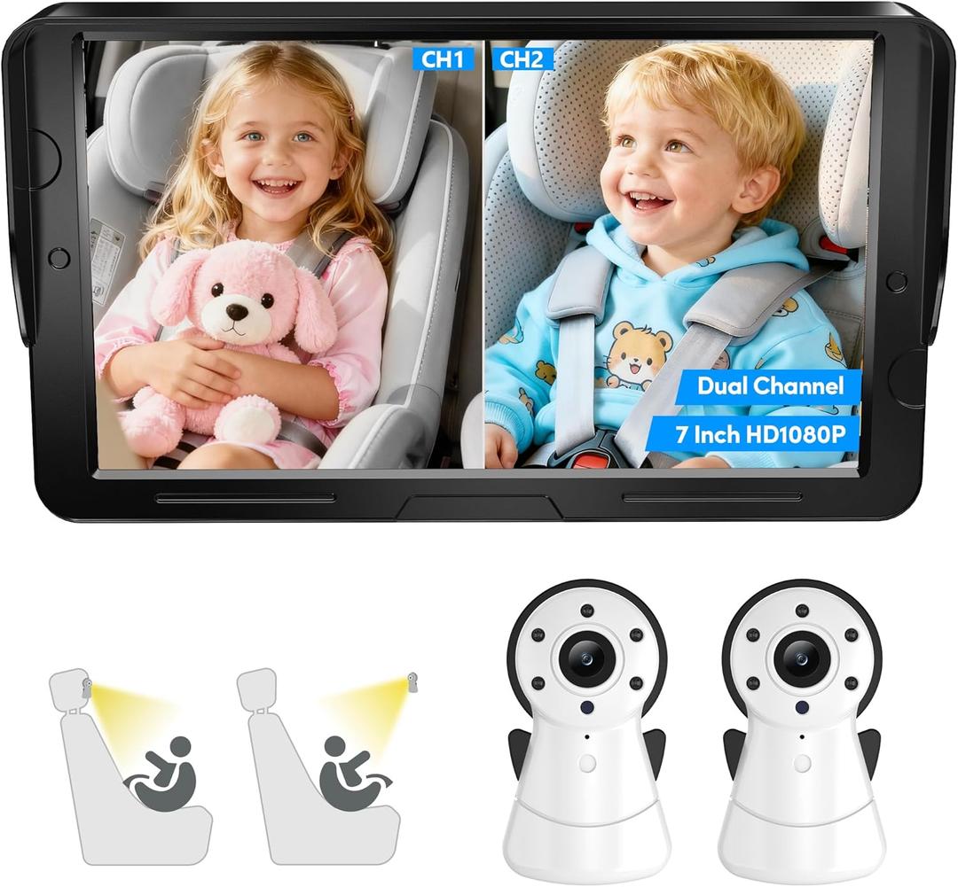 2Kids Baby Car Camera Dual Monitor – 7 Inch Display with Two Rear Facing Car Seat Cameras, 1080P HD Night Vision IRCUT, USB Powered Plug and Play Backseat Baby Monitor for Infant & Toddler Safety