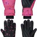 SATINIOR 2 Pairs Kids Waterproof Winter Snow Gloves Ski Gloves for Boy Girl Outdoor Warm Thickening Snowboard(Rose Red, Black,8-12 Years)