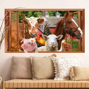 Farm Animals Wall Stickers 3D Fake Window Animal Wall Decals Peel and Stick Farmhouse Animal Art Stickers Funny Cow Decal Peeking Horse Rooster Vinyl Sticker for Living Room Kitchen Bedroom Decor