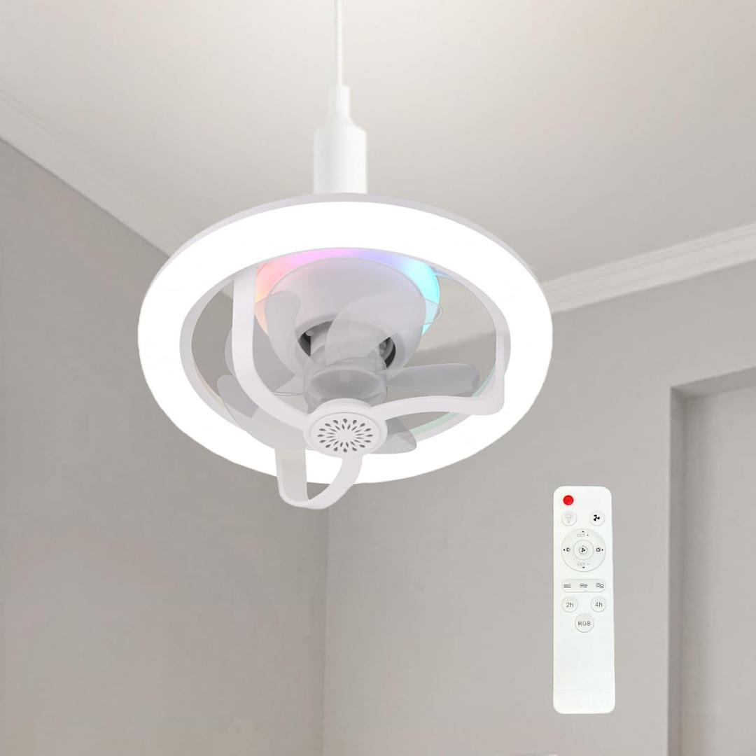 11 Inch E26/E27 Socket Fan With Light - Dimmable Remote Ceiling Fan With 360 Rotation, RGB Mode, 3 Speeds for Bedroom, Living Room, Dining Room
