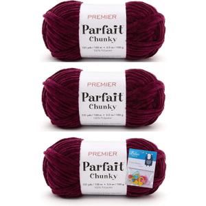 Premier Yarns Parfait Chunky Chenille Yarn 3.5 Oz Super Bulky Weight 3 Pack Bundle with Bella's Stitch Place Holders (Plum)