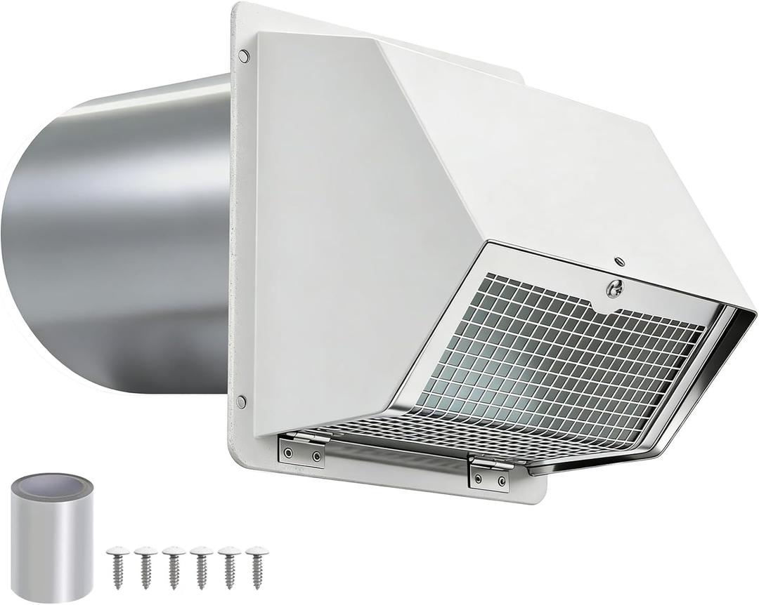 6 Inch Dryer Vent Cover Outside – Heavy-Duty Galvanized Steel, Optimized Hood with Screen & Damper, Pest-Proof Wall Vent for Dryer, Kitchen, Bathroom, Garage, AC – White