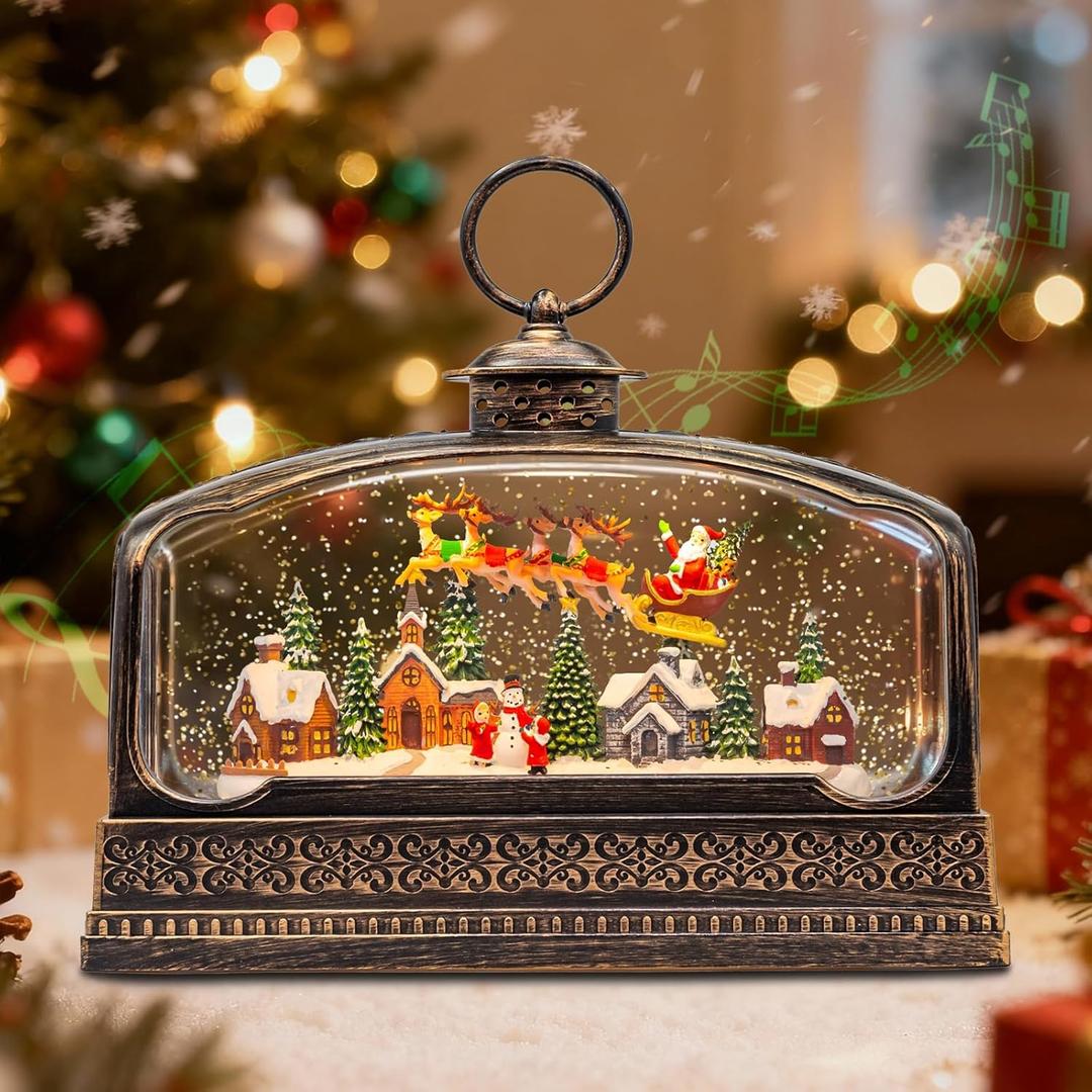 Large Christmas Snow Globes Christmas Lantern, Musical Snowglobes with 8 Songs 6H Timer Dual Power, Snow Globe Lighted Christmas Decorations Indoor Xmas Ornament Snowglobe Bronze 9.25"