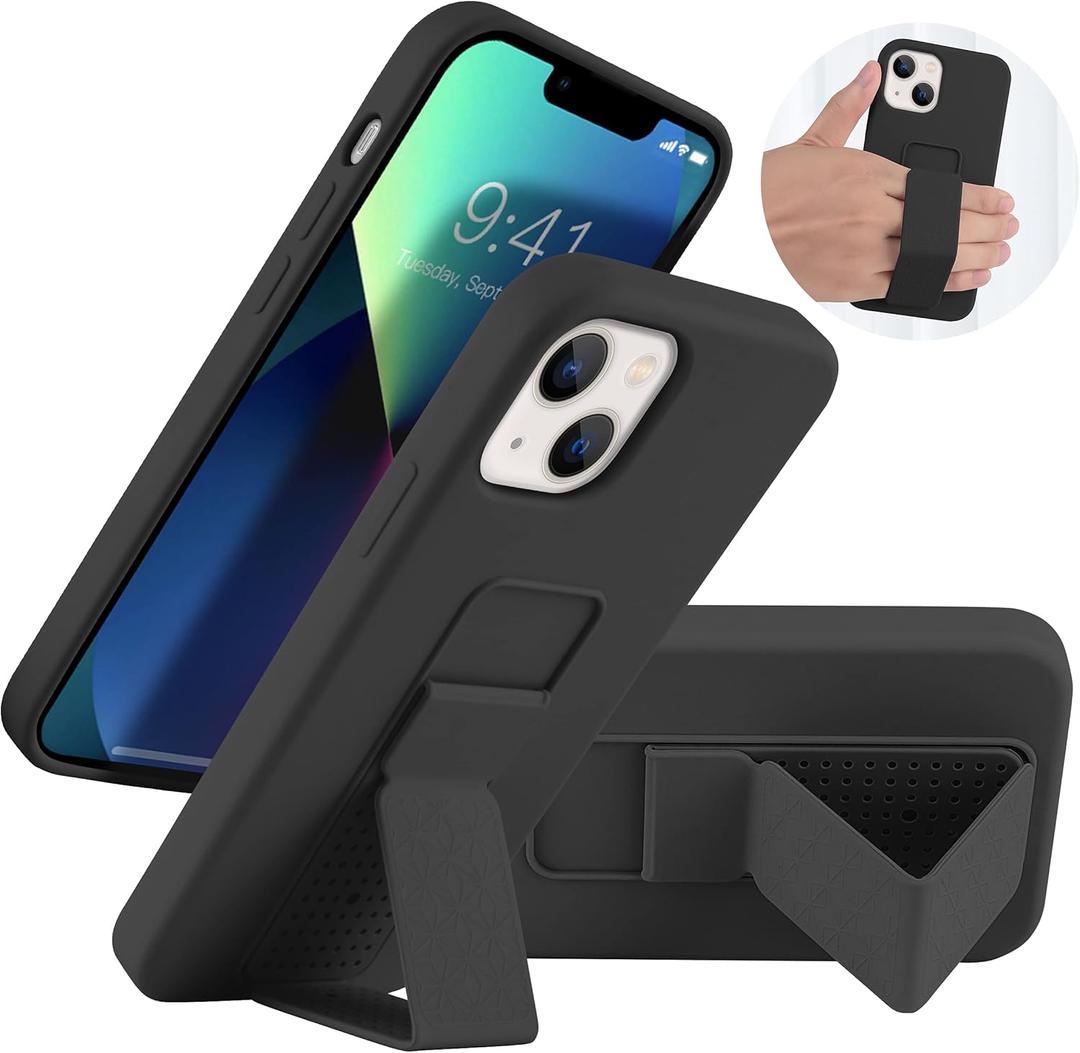 LAUDTEC Silicone Kickstand Case Compatible with iPhone 13, Vertical and Horizontal Stand Hand Strap Metal Kickstand Cover, Flexible Soft Liquid Silicone Stand Case for iPhone 13 (Black)