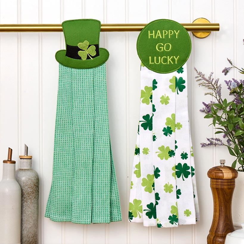 VISSTREE St Patricks Day Kitchen Towels, St. Patrick's Day Dish Towels Set of 2, Green Lucky Shamrock Hanging Dish Hand Towel for Spring Seasonal Holiday Home Kitchen Decoration Housewarming Gifts