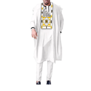 Traditional Dashiki Shirt Pants With Hat 4 PCS Set Wedding Party African Outfits Ankara Dashiki Men Agbada Clothing L (White)