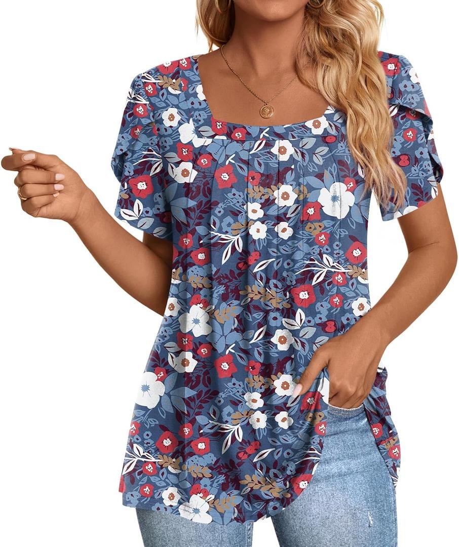 Anymiss Womens Spring Tunic Tops 2026 Summer Dressy Casual Blouses Square Neck Short Sleeve T Shirts Large