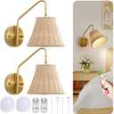 Boho Battery Operated Wall Sconce, 100% Natural Rattan Wall Sconces Set of Two Battery Operated, Adjustable Battery Wall Sconce, Remote Rechargeable Sconce, Wirless Battery Sconces for Bedroom