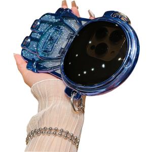Astronaut Hidden Stand Phone Case for iPhone 14,Cute 3D Astronaut Lens Camera Protection Kickstand Luxury Glitter Bling Soft TPU Protector with Mirror Metal Chain for Women Blue