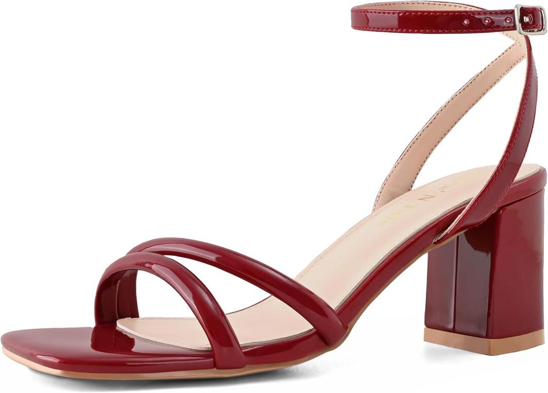 Shoe'N Tale Strappy Heels for Women Square Toe Chunky Block Heels Ankle Buckle Heeled Sandals (Red, 11)