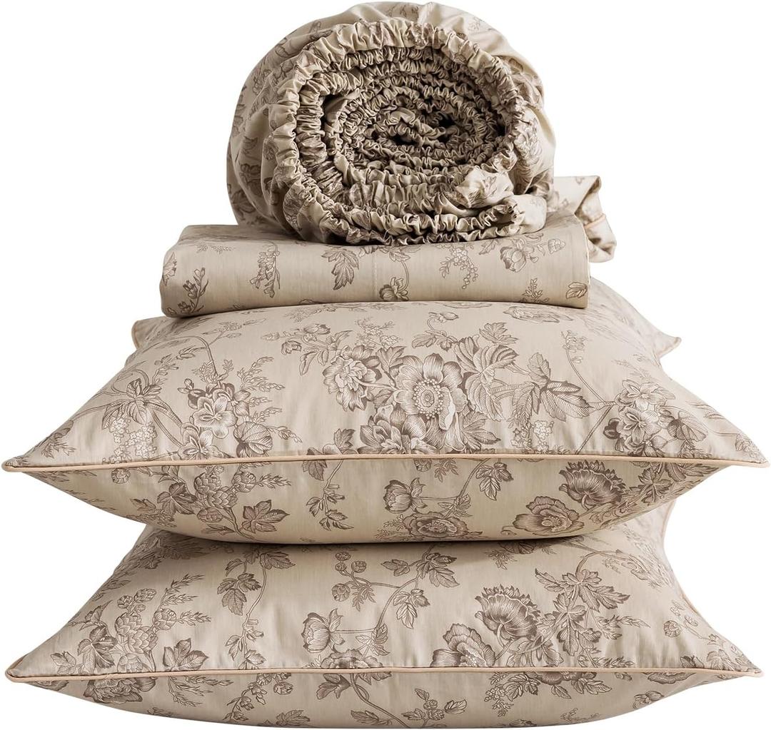 Vintage Beige Floral Sheets, Queen Size 100% Cotton Percale Shabby Flower Patterned Chic Bed Sheet Set, Soft Crisp Deep Pocket Fitted Sheet, Luxury Aesthetic Toile Farmhouse Bedding, 4Pcs