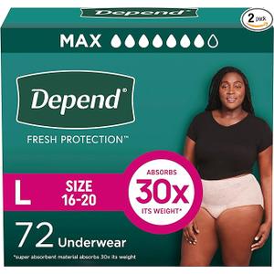 Depend Fresh Protection Adult Diapers, Incontinence & Postpartum Bladder Leak Underwear for Women, Disposable, Maximum, Large, Blush, 72 Count (2 Packs of 36), Packaging May Vary