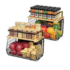 Magnetic Shelf for Fridge with Wood Lid: 2 Pack Fruit Potato and Onion Storage Bin - Magnetic Spice Rack for Refrigerator & Kitchen Counter - Pantry Organizers and Storage