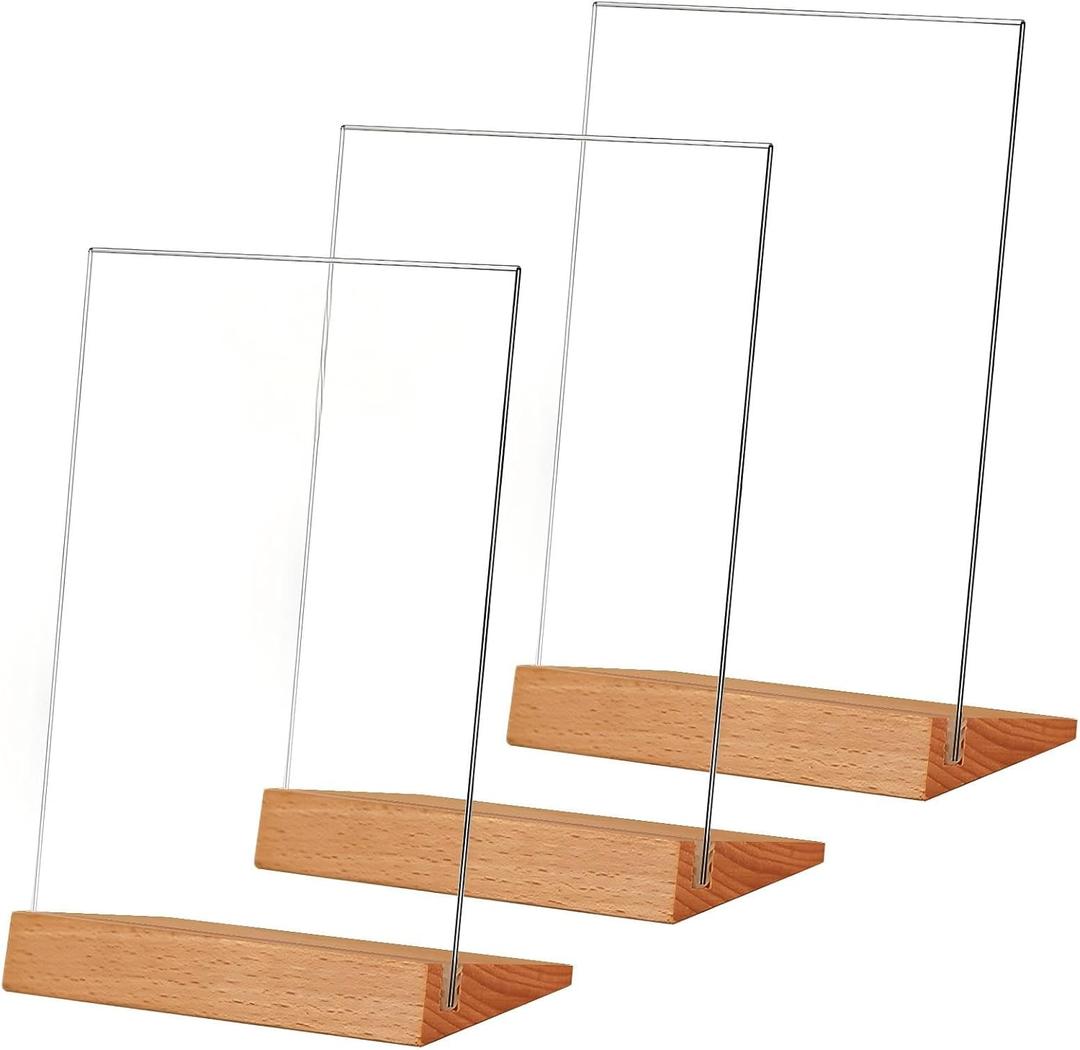 TONICE 3 Pack 5x7 Acrylic Sign Holder Slant Back Design L Shape Clear Acrylic Frames Wood Base, Table Menu Display Stand Flyer Display for Desk Display (Optional 8.5x11/5x7 Inch L/T Shape)