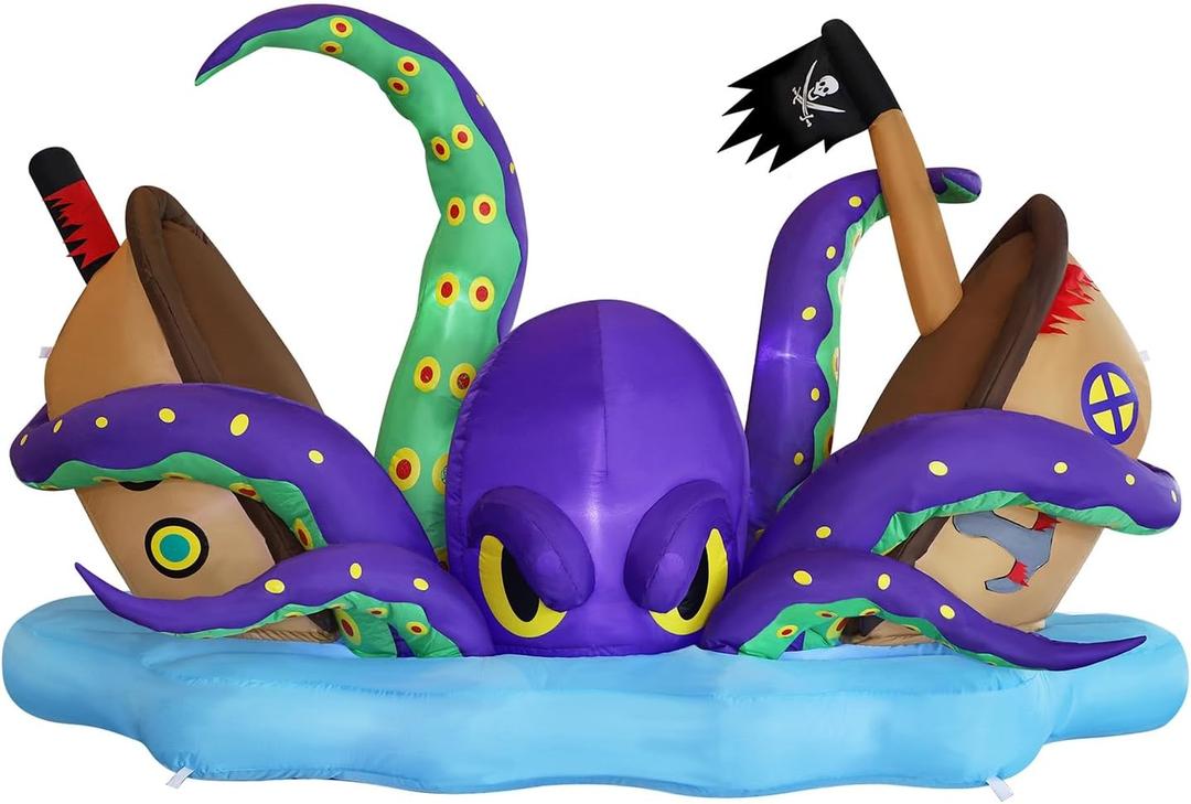Juegoal Halloween Inflatable Lighted Giant Octopus Attacked Pirate Ship, 7.5FT Long Spooky Purple Octopus & Haunted Ship with Lights, Animated Halloween Yard Prop, Outdoor Garden Lawn Blow up Decor