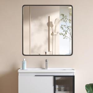 Black 30x30 Inch Metal Framed Mirror for Wall, Large Rounded Rectangle Mirror, Anti-Rust, Tempered Glass, Hangs Horizontally or Vertically