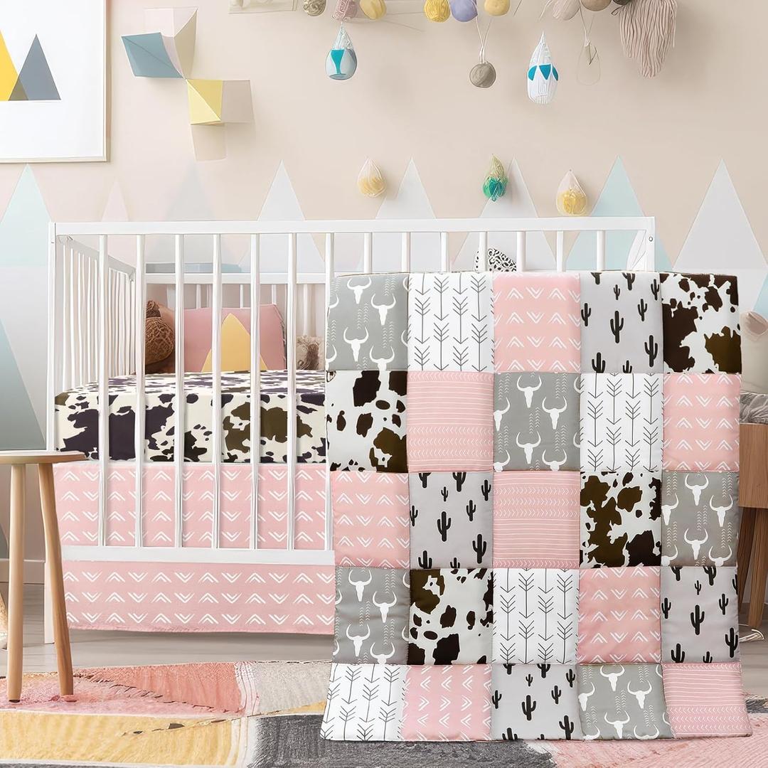 Hahafelt 3 Piece Patchwork Western Crib Bedding Set for Boys Girls Cow Cactus Print Baby Bedding Barnyard Western Nursery Decor Soft Baby Bed Set Includes Quilt Fitted Crib Sheet Bed Skirt (Pink,Gray)