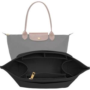 Purse Organizer Insert for Longchamp Le Pliage L Handbag Insert Felt Long Champ Tote Bag Organizer Insert with Cup (Black, Large)