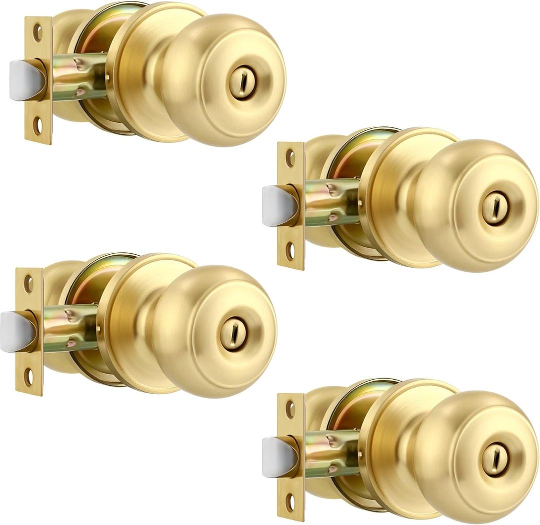 Karlstone 4 Pack Bedroom Door Knobs,Polished Brass Door Knob,Bedroom Locks for Doors,Door Knobs Interior for Bathroom